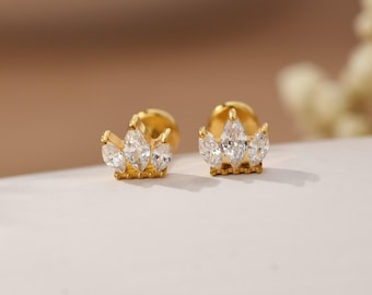 Titanium Marquise Cz Threadless Push Pin Labret, Crown stud Flat Back Earrings, Cartilage Tragus Conch Helix stud 20G/18G/16G