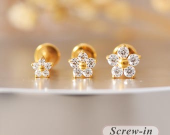 18G/16G Titanium Internally Threaded Labret, Flower CZ Flat Back Earring, Helix Tragus Cartilage Stud