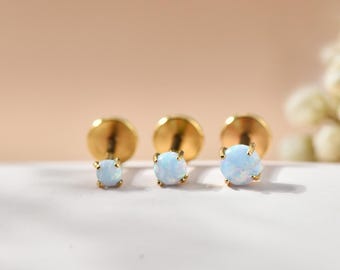 20G/18G/16G Titanium Light Blue Opal Stone Threadless Push Pin Labret, Flat Back Earrings, Cartilage Tragus Conch Helix Nose Stud