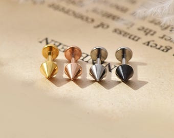 20G/18G/16G Titanium Spike Threadless Push Pin Labret, Flat Back Earrings, Cartilage Tragus Conch Helix Nose Stud
