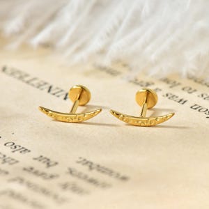 Könnte beinhalten: Ein Paar goldfarbene Ohrstecker. Jeder Ohrring hat einen kleinen, runden Pfosten, der mit einem gebogenen, halbmondförmigen Design verbunden ist. Die Ohrringe sind vor einem weichen, neutralen Hintergrund platziert, der ihren metallischen Glanz hervorhebt.