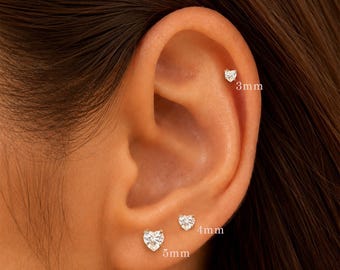 20G/18G/16G Titanium Heart Cz Threadless Push Pin Labret, Flat Back Earrings, Cartilage Tragus Conch Helix Nose Stud 3 mm 4 mm 5 mm