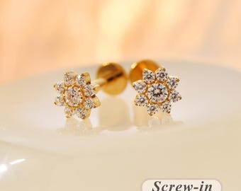 18G/16G Titanium Shining Flower Earrings Internally Threaded Labret • Flat Back Earring • Helix Stud • Cz Stud • Cartilage Stud