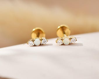 Titanium Opal Stone Climber Threadless Push Pin Labret, Flat Back Earrings, Cartilage Tragus Conch Helix stud 20G/18G/16G