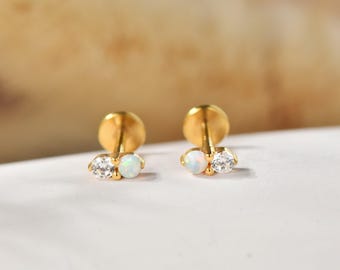 20G/18G/16G Titanium White Opal CZ Flat Back Labret Stud, Threadless Cartilage Earring, Gold Helix Tragus Conch Piercing Jewellery
