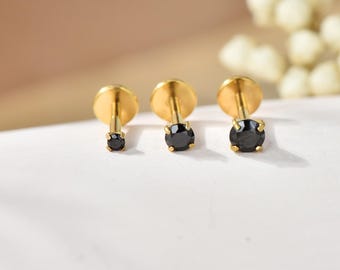 20G/18G/16G Titanium Black Cz Threadless Push Pin Labret, Cz Flat Back Earring, Cartilage Stud, Tragus, Helix, Conch, Nose Stud