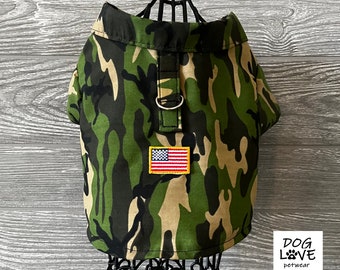 Camouflage Dog Shirt, American Flag, D-ring. Will ship within 24 hrs.