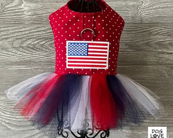 Patriotic Dog Dress. 4th of July, American Flag, D-ring. Will ship within 24 hrs.