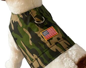 Camouflage Dog Shirt with American Flag, Camo, Patriotic, Dog harness, USA, Dog Costume, Dog Clothing. All sizes.  Will ship within 24 hrs.