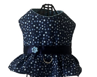 Navy Polka Dot Dog Dress, Dog Clothing, Dog Costume. All sizes. Ships within 24 hours.