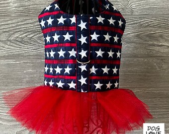 Patriotic Dog Dress. 4th of July, American Flag, D-ring. Will ship within 24 hrs.