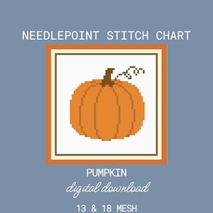 May include: A needlepoint stitch chart digital download featuring a pixelated orange pumpkin with a brown stem and curly vine. The design is framed in white, olive green, and orange. Text includes NEEDLEPOINT STITCH CHART, PUMPKIN, 13 & 18 MESH, and 12.7 x 12.7 cm & 9.1 x 9.1 cm.