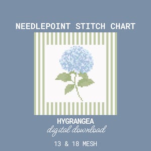 Op de afbeelding: Een digitaal kruissteekpatroon met een blauw hortensiabloemdesign. De kaart bevat de tekst "NEEDLEPOINT STITCH CHART", "HYGRANGEA digital download", en afmetingen van 15,2 x 15,2 cm en 10,9 x 10,9 cm.