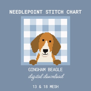 Op de afbeelding: Een digitale kruissteekkaart met een gepixeld beagle-ontwerp. De afbeelding bevat de tekst "NEEDLEPOINT STITCH CHART", "GINGHAM BEAGLE" en "digital download". De kaartformaten zijn 15,5 x 15,5 cm en 11,2 x 11,2 cm.