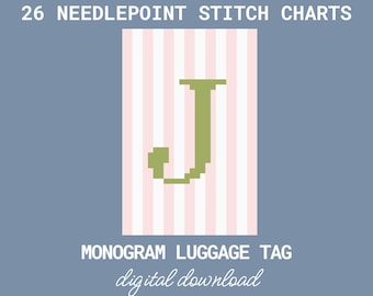 26 Pink Stripe Monogram Luggage Tag Needlepoint Charts – Full Alphabet (Digital Download) - 13 Mesh