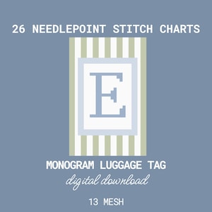 Può includere: Grafica digitale scaricabile con il testo "26 NEEDLEPOINT STITCH CHARTS" e "MONOGRAM LUGGAGE TAG". Il design presenta uno sfondo a righe con una lettera "E" incorniciata. L'etichetta per bagagli misura 5,08 cm x 7,62 cm.
