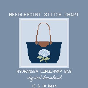 May include: A needlepoint stitch chart digital download featuring a pixelated navy blue tote bag with brown handles and a light blue hydrangea flower design. Text includes NEEDLEPOINT STITCH CHART, HYDRANGEA LONGCHAMP BAG, 13 & 18 Mesh, and 4.9 x 4.9" & 3.5" x 3.5".