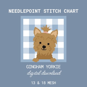Op de afbeelding: Een digitaal kruissteekpatroon met een gepixeleerde Yorkshire Terrier op een blauw-witte ruitjesachtergrond. De tekst luidt "GINGHAM YORKIE digital download". Inclusief maasmaten en afmetingen: 15,5 x 15,5 cm & 11,2 x 11,2 cm.