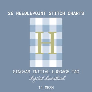 ギンガムチェックのイニシャル柄ラゲッジタグ用ニードルポイントチャート26枚 – アルファベット全セット（PDFデジタルパターン） – 14メッシュ