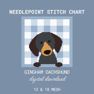 Op de afbeelding: Een digitaal kruissteekpatroon met een gepixeld teckelontwerp. De tekst luidt "Gingham Dachshund" en "digitale download". De afmetingen van het patroon zijn 15,5 cm x 15,5 cm en 11,2 cm x 11,2 cm.