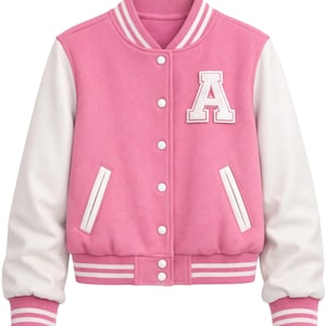 May include: A pink varsity jacket with white sleeves and trim. The jacket features a large white letter "A" on the chest, a button-up front, and ribbed cuffs and hem with white stripes. The jacket is a classic style.