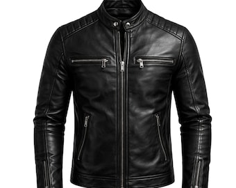 Chaqueta de cuero Cafe Racer de piel de vaca negra para hombre, clásica, de corte entallado, estilo motero.