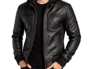 Men's Black Leather Jacket with Hood-Slim Fit Biker Jacket-Stylish Urban Streetwear Coat