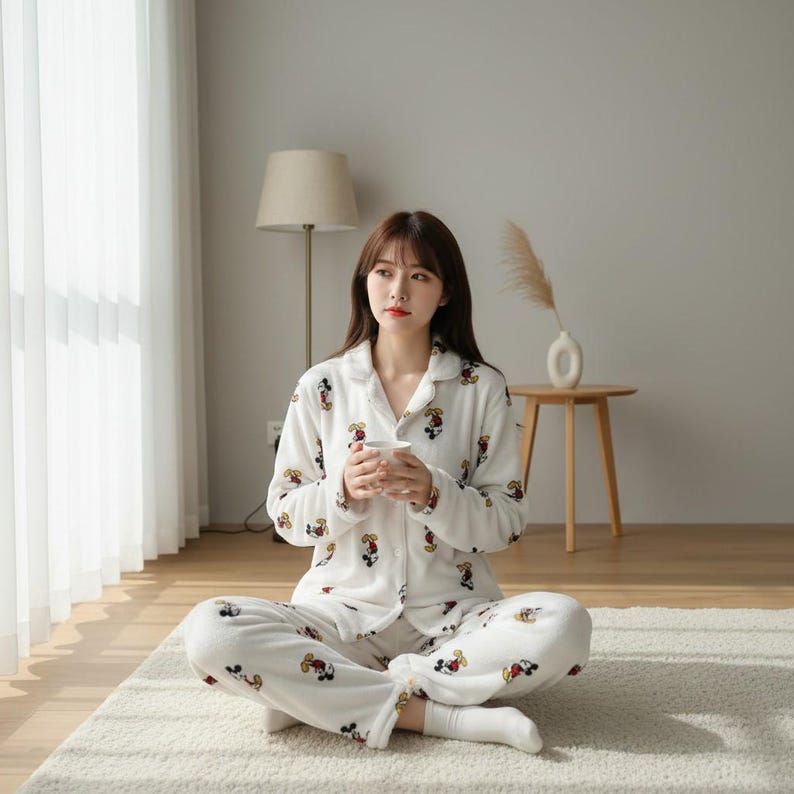 May include: White pajama set with a Mickey Mouse pattern. The set includes a button-down shirt and matching pants. The pajamas are made of a soft, plush material, perfect for lounging. The Mickey Mouse design features red, yellow, and black accents.