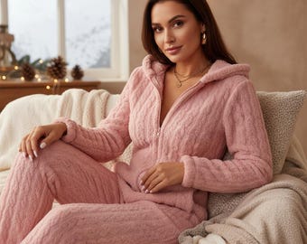 Women’s Coral Fleece Onesie Pajamas, Heart Pattern Cozy Winter Sleepwear