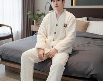 Men’s Winter Coral Fleece Pajama Set Fluffy Jacket Long Pants Sleepwear Loungewear Homewear Warm