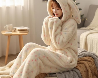 Unisex Cartoon Hooded Coral Fleece Pajamas Thick Winter Onesie Cozy Home Loungewear