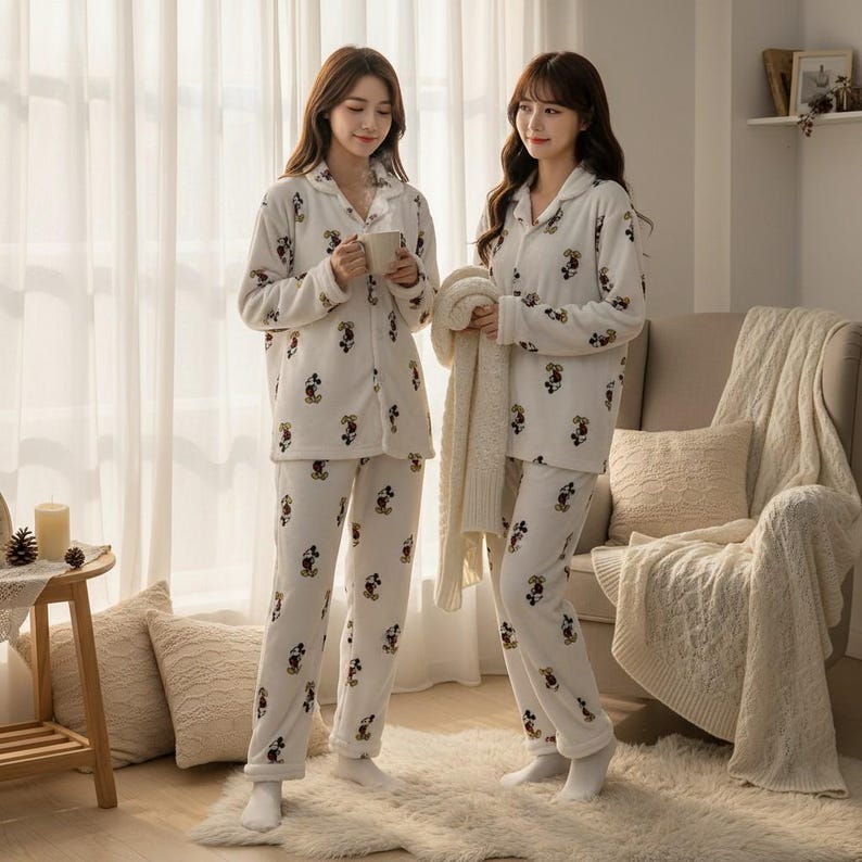 May include: Matching white pajama sets with a Mickey Mouse pattern. The sets include a button-down top and pants. The pajamas are made of a soft, plush material. The models are standing in a well-lit room.