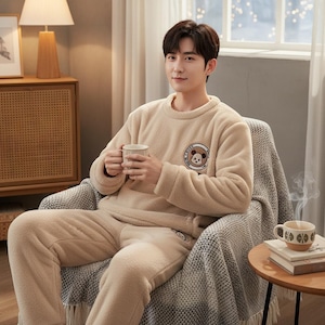 Peut inclure: Ensemble de pyjama en polaire beige. Le haut à manches longues a un col rond et un écusson circulaire avec un dessin d'ours de dessin animé. Le pantalon assorti a une taille élastique. La personne tient une tasse.