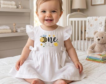 Jurk eerste verjaardag Bumble Bee, verjaardagsjurk babymeisje, jurk één bij, jurk geborduurde bij, jurk eerste verjaardagsfeestje, babyshower, babyshower