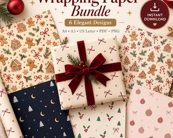 May include: A printable Christmas wrapping paper bundle featuring six designs including gingerbread houses, cookies, candy canes, holly, stars, moons, and ornaments. The set includes A4, A3, and US Letter sizes in PDF and PNG formats.
