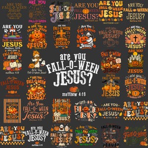 May include: A collection of graphic designs featuring the text Are You Fall-O-Ween Jesus? and Matthew 4:19. The designs incorporate various autumn and Halloween elements including pumpkins, crosses, ghosts, fall leaves, and religious imagery.