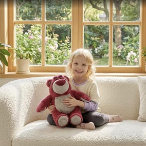 May include: A young girl smiles while holding a plush, red teddy bear with a light brown belly. The bear has a friendly expression. The girl is sitting on a white, textured couch in front of a window.