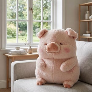 Könnte beinhalten: Ein hellrosa Plüschschwein mit großer Schnauze, kleinen Ohren und rosigen Wangen sitzt auf einem grauen Sofa. Das Stofftier hat einen abgerundeten Körper und kleine Beine. Im Hintergrund sind ein Fenster und ein Beistelltisch aus Holz zu sehen.