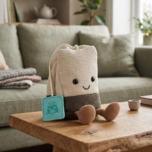 Könnte beinhalten: Ein Plüsch-Teebeutel-Spielzeug mit einem lächelnden Gesicht, einem hellblauen Anhänger mit einer Katzenillustration und zwei kleinen, braunen, eichelförmigen Spielzeugen. Der Teebeutel ist beige und braun und steht auf einem Holztisch.