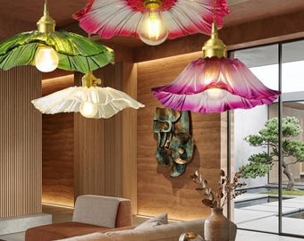 Lámpara colgante nórdica de cristal verde festoneado - Lámpara de araña de latón antiguo