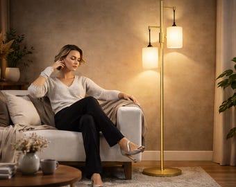 Gold Tree Floor Lamp with Shelves – Dimmable Mid-Century Modern