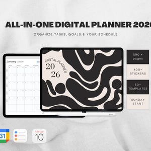 Peut inclure: Un planificateur numérique tout-en-un pour 2026, avec un design abstrait noir et blanc. L'image comprend une vue calendrier, des icônes et des détails sur le planificateur, tels que 590+ pages, 400+ autocollants et 50+ modèles.