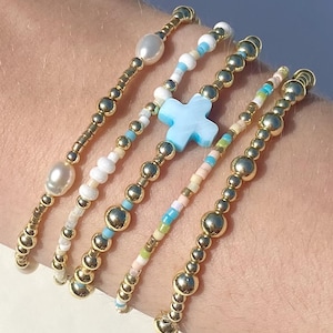 14K Gold Plated Cross Beaded Bracelet Set | Blue Beaded Bracelets | Stacking Bracelets | Summer Bracelet Set | Handmade Bracelets