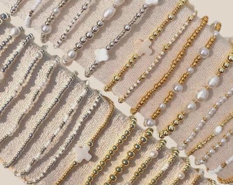Pulseras de cuentas, pulseras apilables de oro de 14 quilates, pulseras apilables de plata, pulseras elásticas, chapadas en oro, chapadas en plata, pulseras de verano