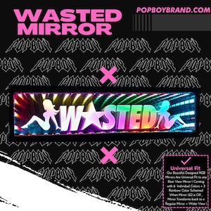 Puede incluir: Espejo rectangular negro con la palabra "WASTED" en blanco, una estrella y dos siluetas. El espejo tiene un efecto de luz arcoíris. El fondo es negro con el texto "POPBOY" repetido. La web está visible.