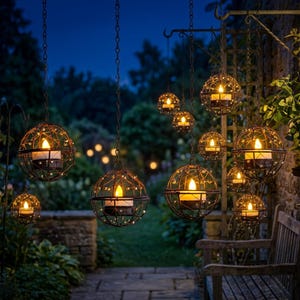 Pode incluir: Várias lanternas suspensas para velas ao ar livre com um design de gaiola esférica de arame. Cada lanterna contém uma vela acesa, criando um brilho quente. As lanternas estão suspensas por correntes, num fundo escuro e natural.