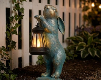 Bunny Garden Statue With Lantern,Outdoor Yard  Decor,Cute Animal Solar Lantern for Pathway,Weatherproof Lawn Night Light,Best Gift for Him