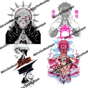 May include: A collection of four anime-style illustrations featuring characters with distinctive hairstyles and facial markings. The images are primarily black, white, and red, with some pink accents. The text "Akira Tee Boutique" is watermarked across the images.