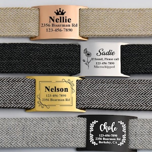 May include: Close-up of several dog collar nameplates with engraved text. The nameplates are in various colors, including gold, silver, and black, and are attached to patterned fabric collars. Each plate has a name, address, and phone number.
