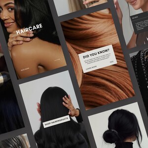Puede incluir: Un collage de imágenes que muestran varios peinados y productos para el cuidado del cabello. Las imágenes incluyen primeros planos de texturas de cabello, mujeres con cabello peinado y superposiciones de texto como "HAIRCARE", "DID YOU KNOW?" y "SHOP HAIRPRODUCTS". El tema general es la belleza y el peinado.